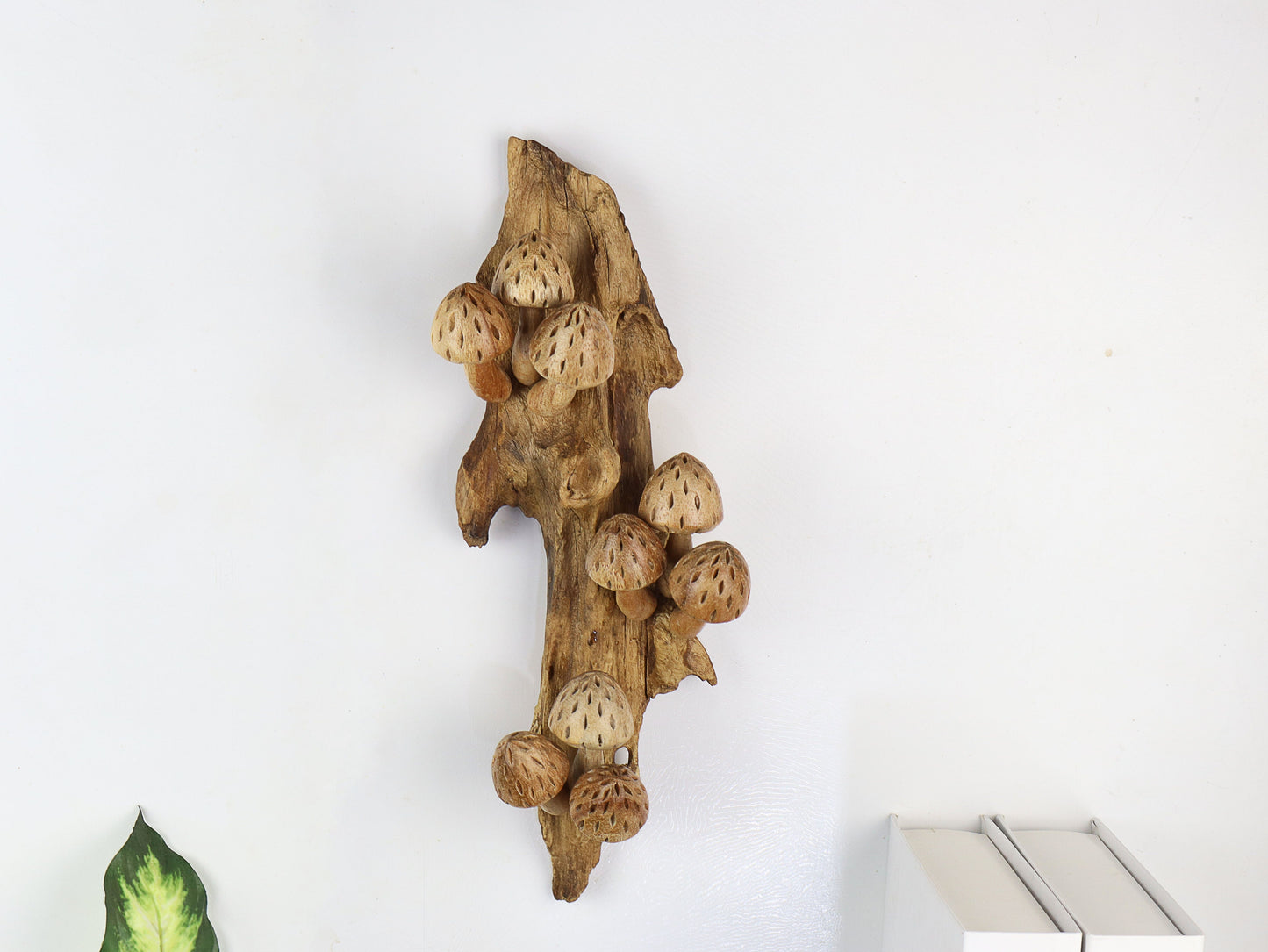 Vertical Hand-Carved Wooden Conical Mushroom Wall Art - Rustic Forest Accent