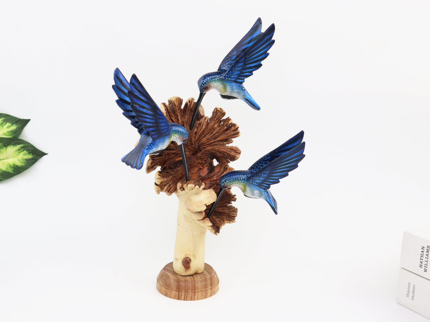 Triple Blue Hummingbird Wooden Sculpture – Unique Nature-Inspired Home Décor