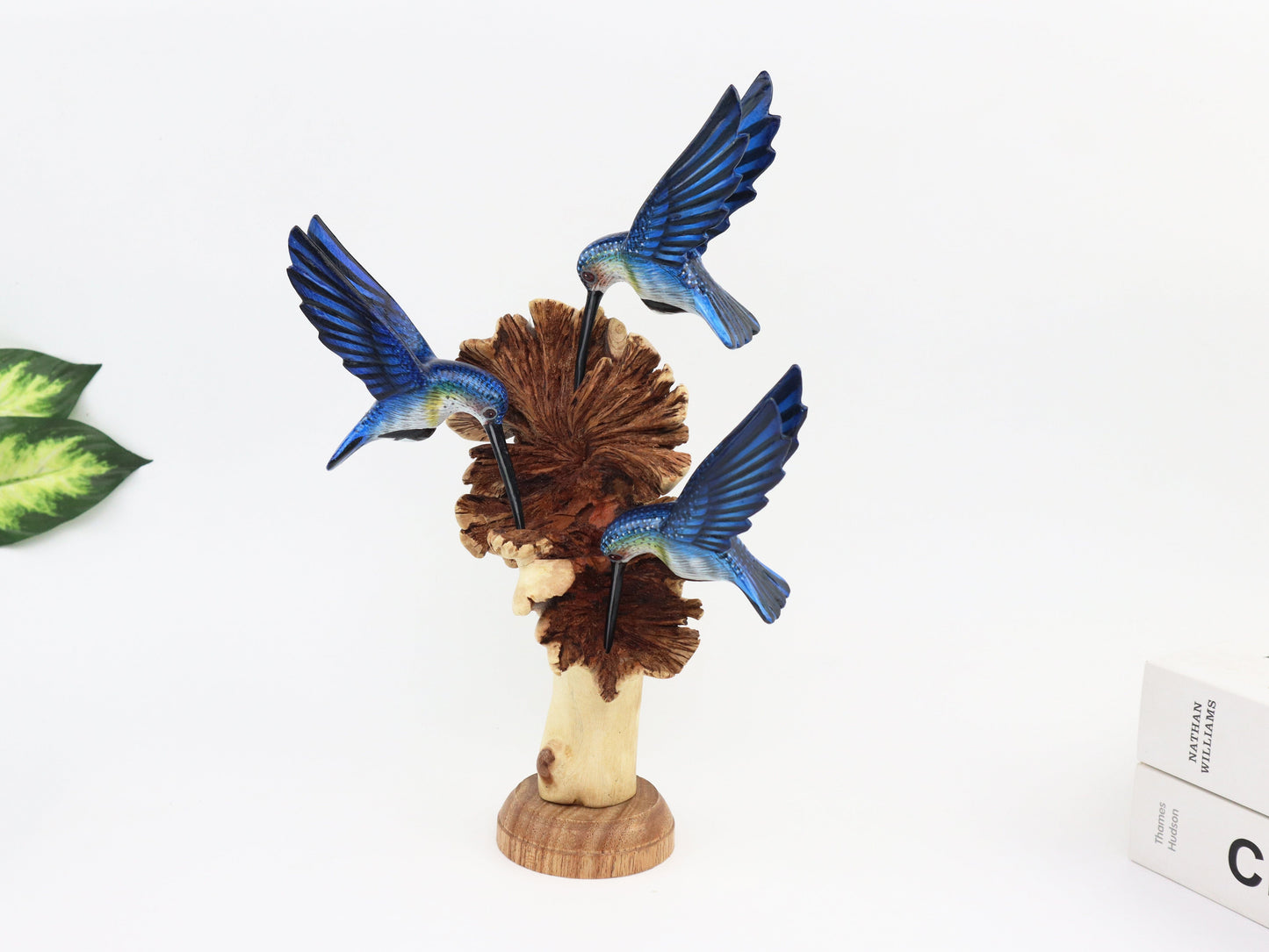 Triple Blue Hummingbird Wooden Sculpture – Unique Nature-Inspired Home Décor