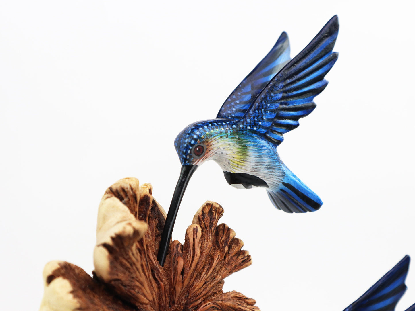 Triple Blue Hummingbird Wooden Sculpture – Unique Nature-Inspired Home Décor
