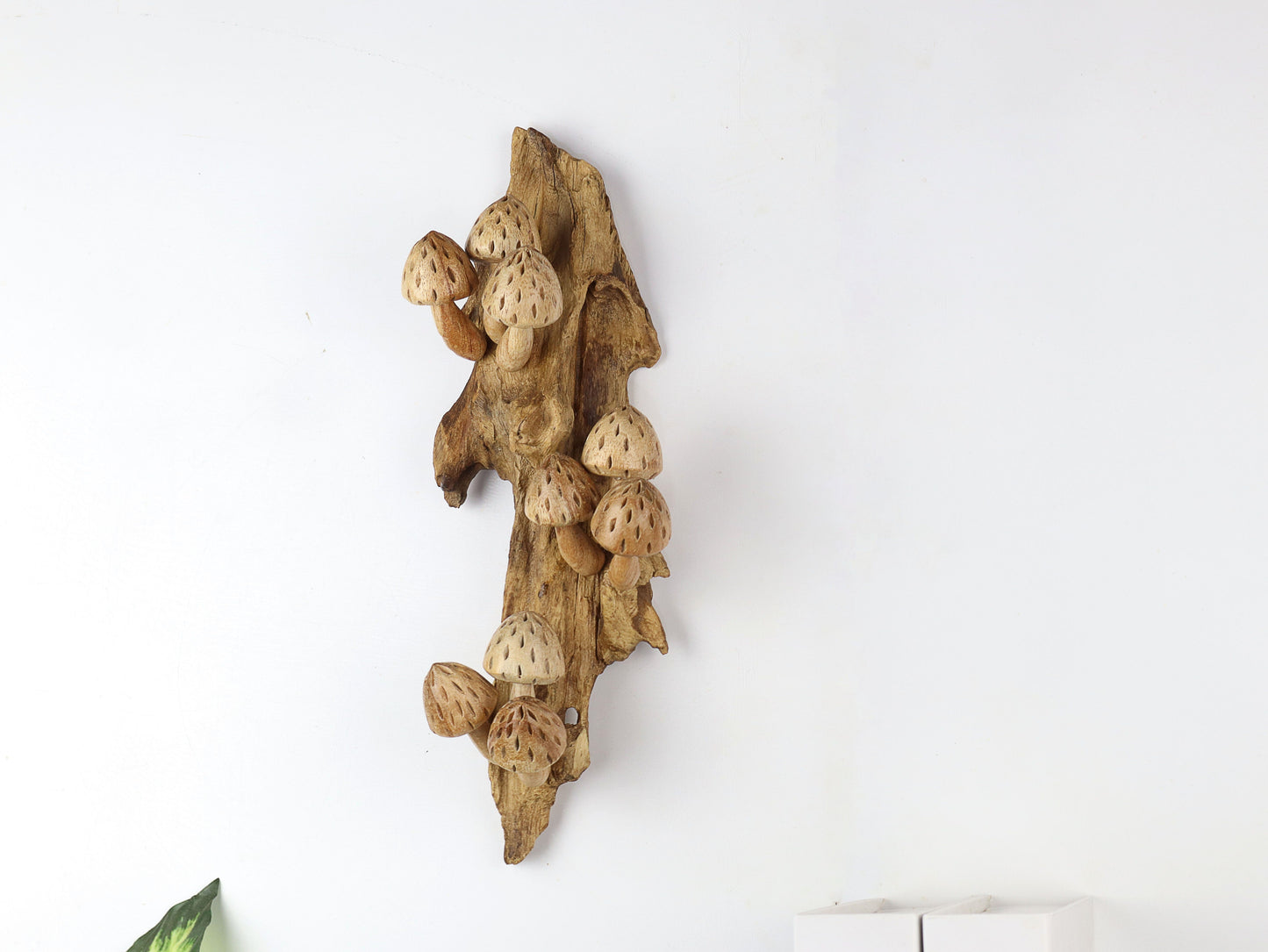 Vertical Hand-Carved Wooden Conical Mushroom Wall Art - Rustic Forest Accent