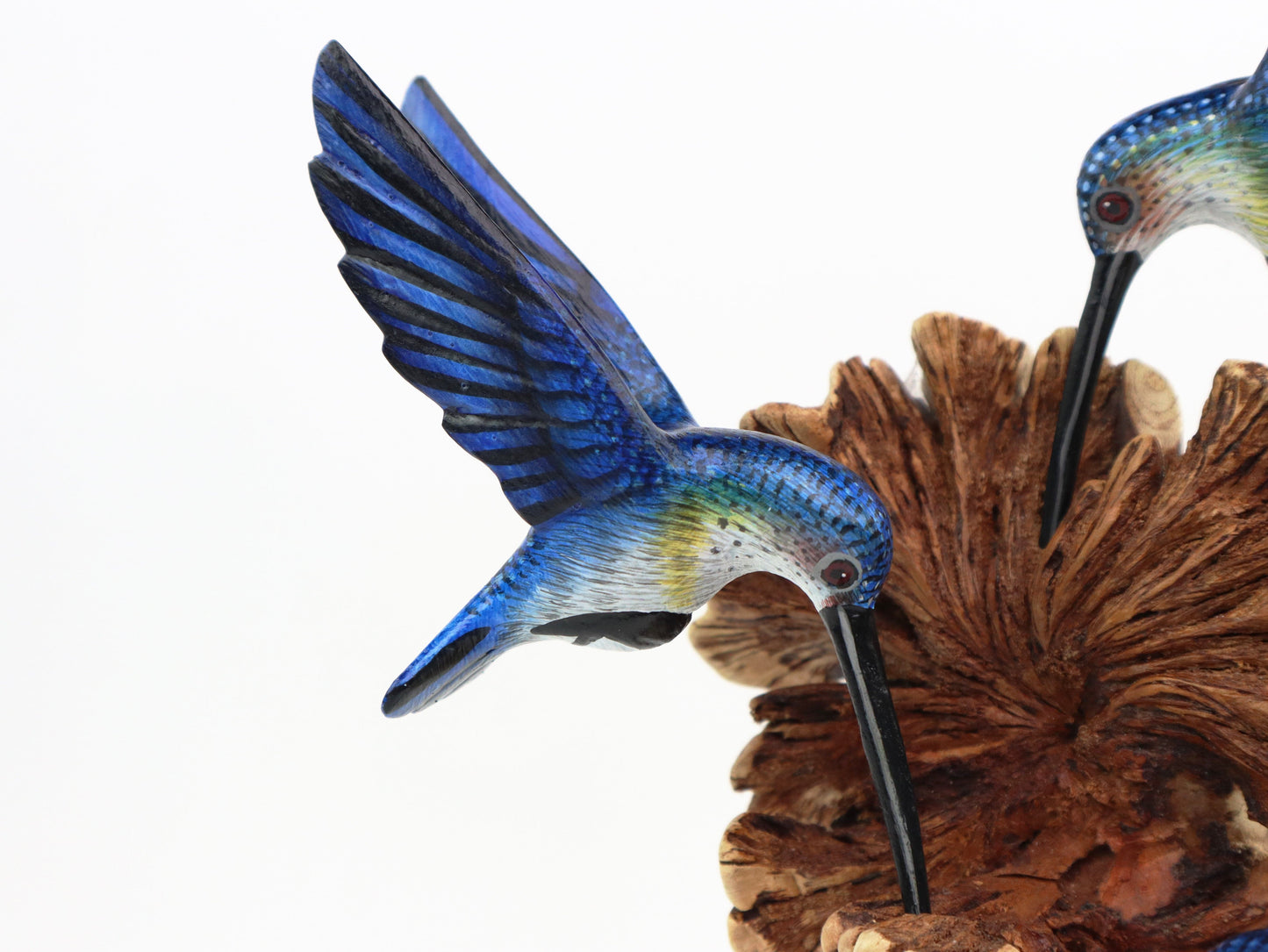 Triple Blue Hummingbird Wooden Sculpture – Unique Nature-Inspired Home Décor