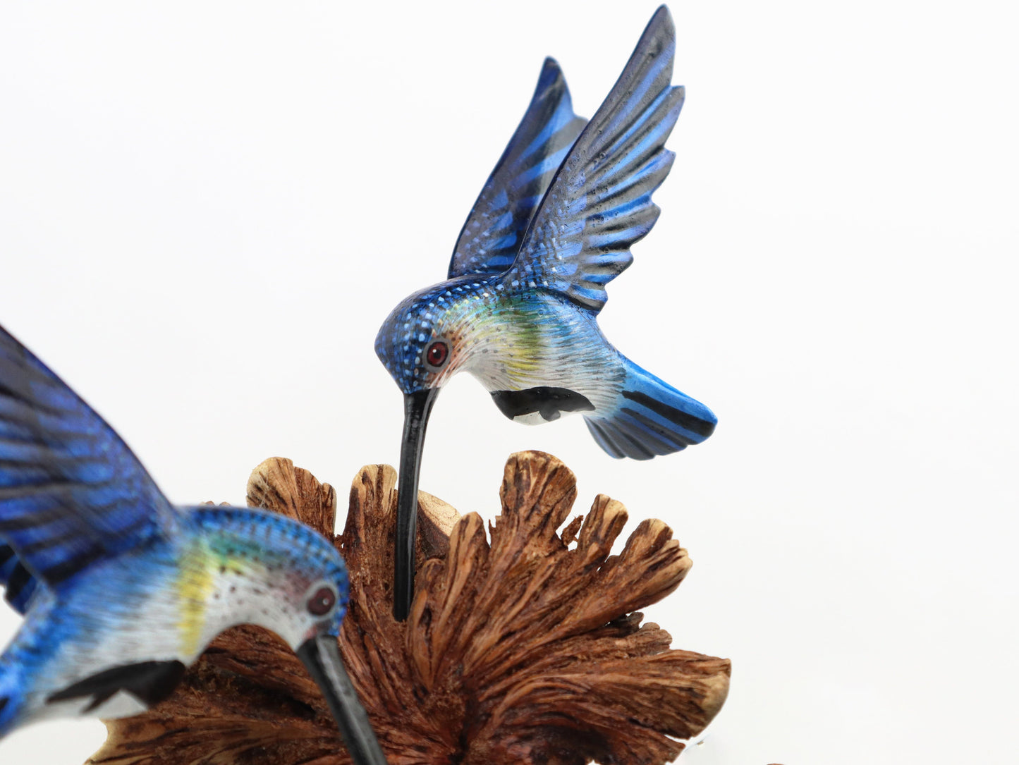 Triple Blue Hummingbird Wooden Sculpture – Unique Nature-Inspired Home Décor