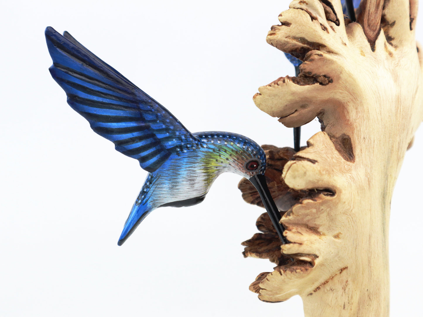 Triple Blue Hummingbird Wooden Sculpture – Unique Nature-Inspired Home Décor