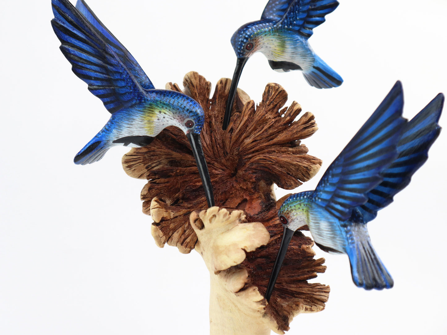 Triple Blue Hummingbird Wooden Sculpture – Unique Nature-Inspired Home Décor