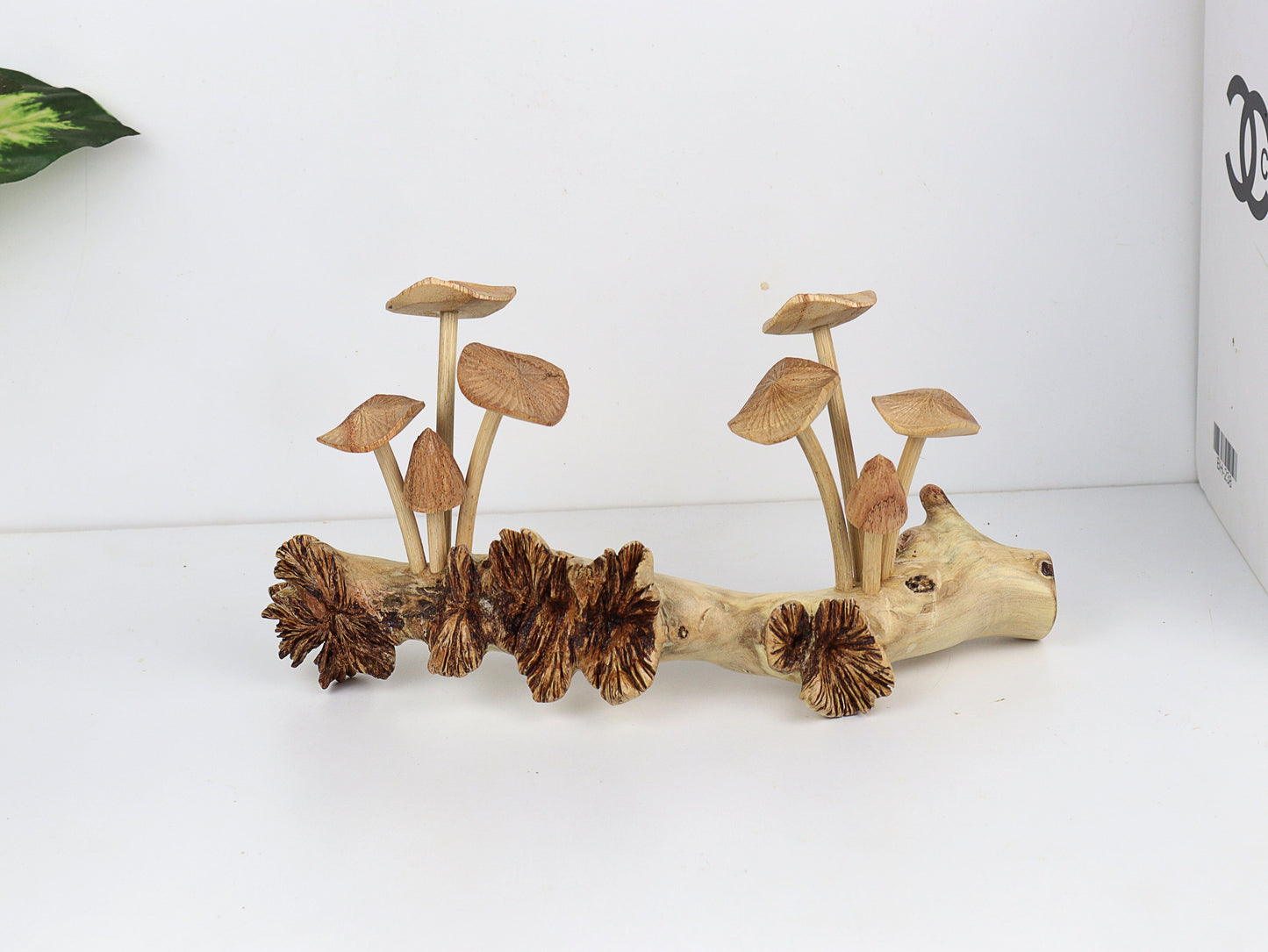 Hand-Carved Natural Wood Fanned Mushroom Log Sculpture - Horizontal Woodland Display