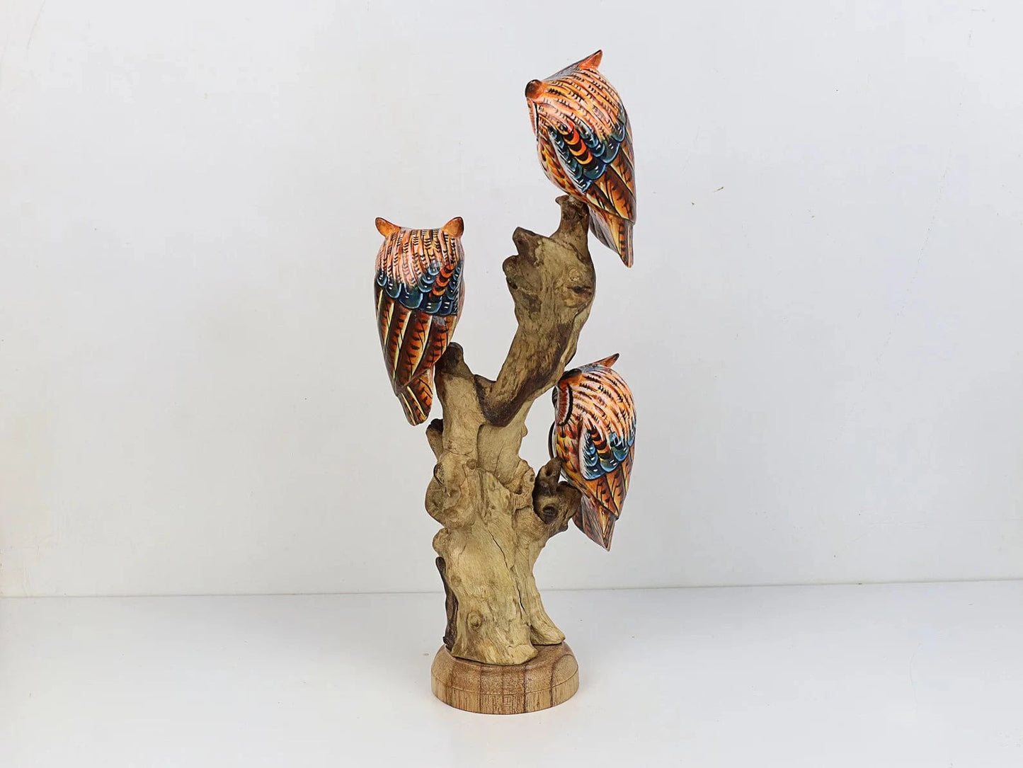 Hand-Carved & Painted Owl Family on Natural Wood Branch - Freestanding Woodland Decor