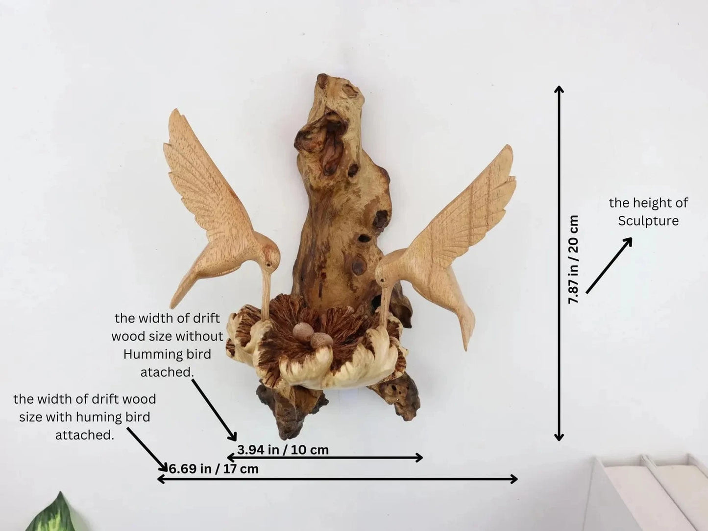 Hand-Carved Wooden Hummingbird Pair Wall Art - Natural Nest & Flower Display