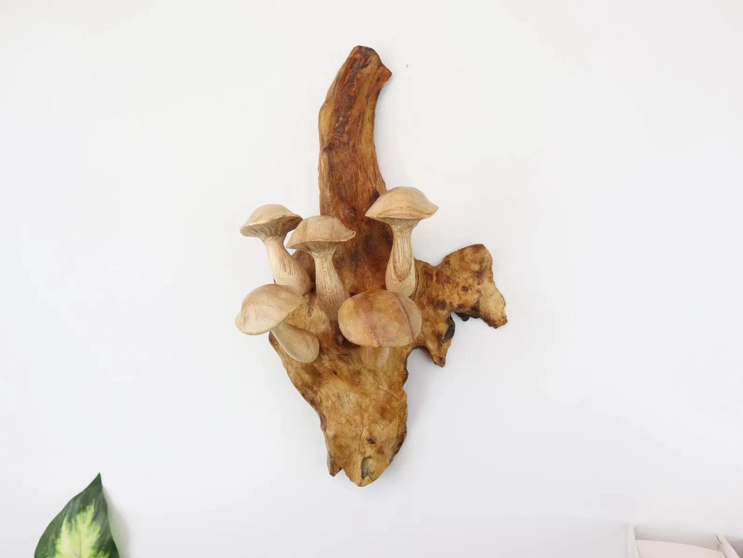 Hand-Carved Wooden Mushroom Wall Hanging – Rustic Driftwood Decor from Bali