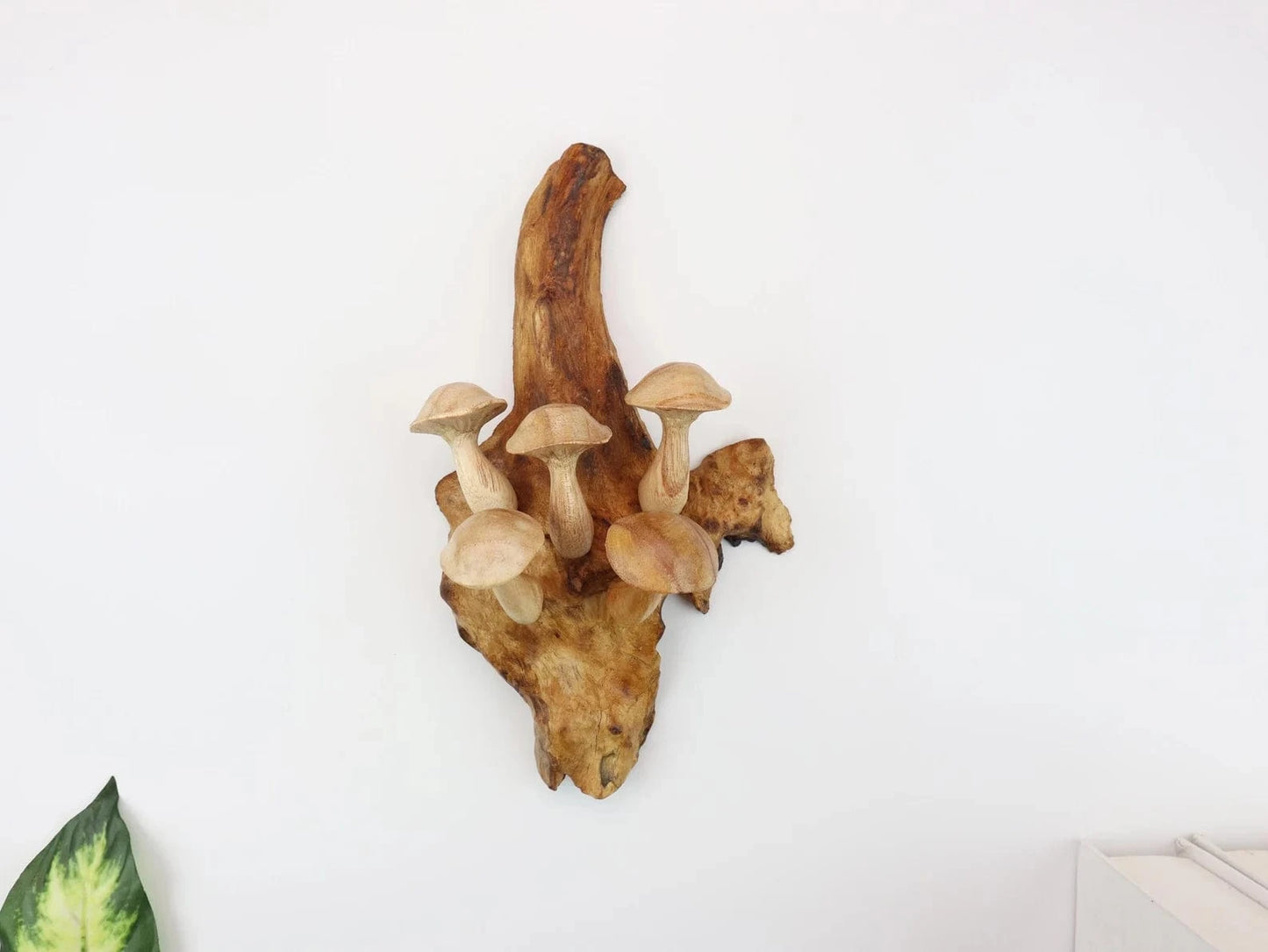 Hand-Carved Wooden Mushroom Wall Hanging – Rustic Driftwood Decor from Bali
