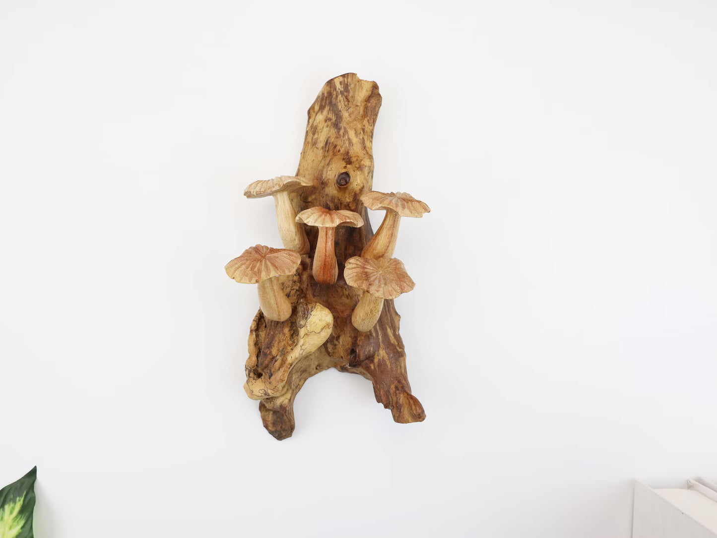 Hand-Carved Natural Wood Mushroom Wall Art - Vertical Forest Accent