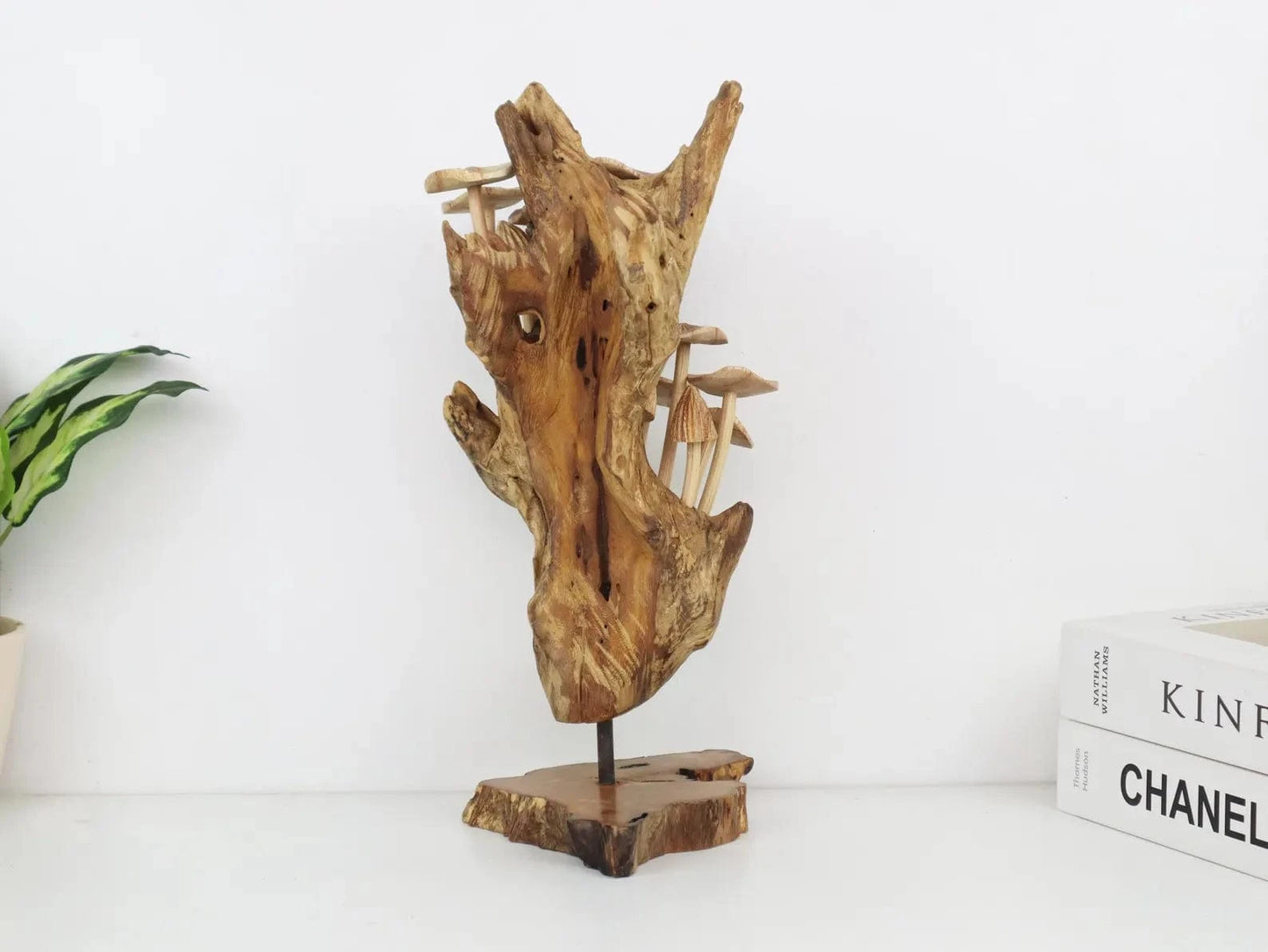 Hand-Carved Mushroom Sculpture on Driftwood Base – Tall Wooden Wall Art from Bali