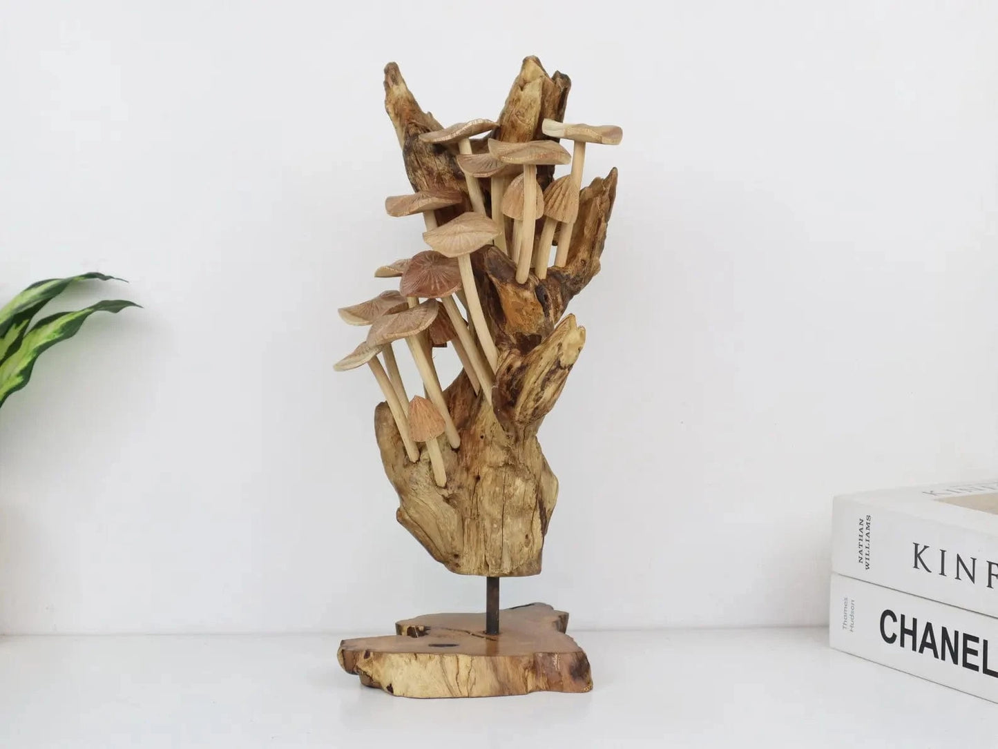 Hand-Carved Mushroom Sculpture on Driftwood Base – Tall Wooden Wall Art from Bali