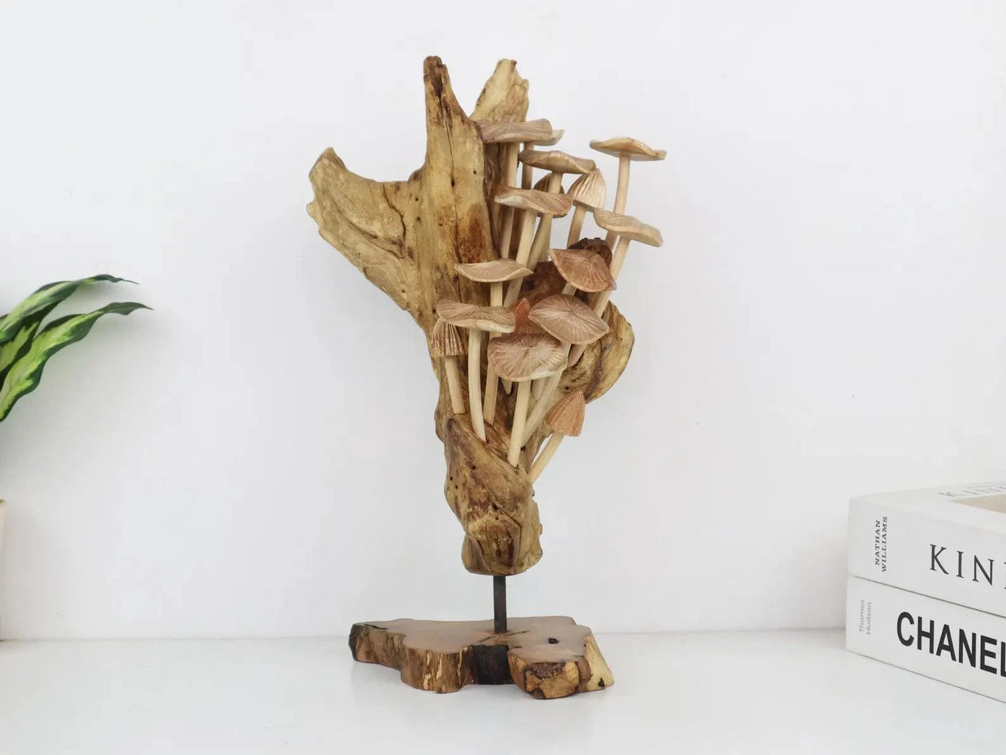 Hand-Carved Mushroom Sculpture on Driftwood Base – Tall Wooden Wall Art from Bali