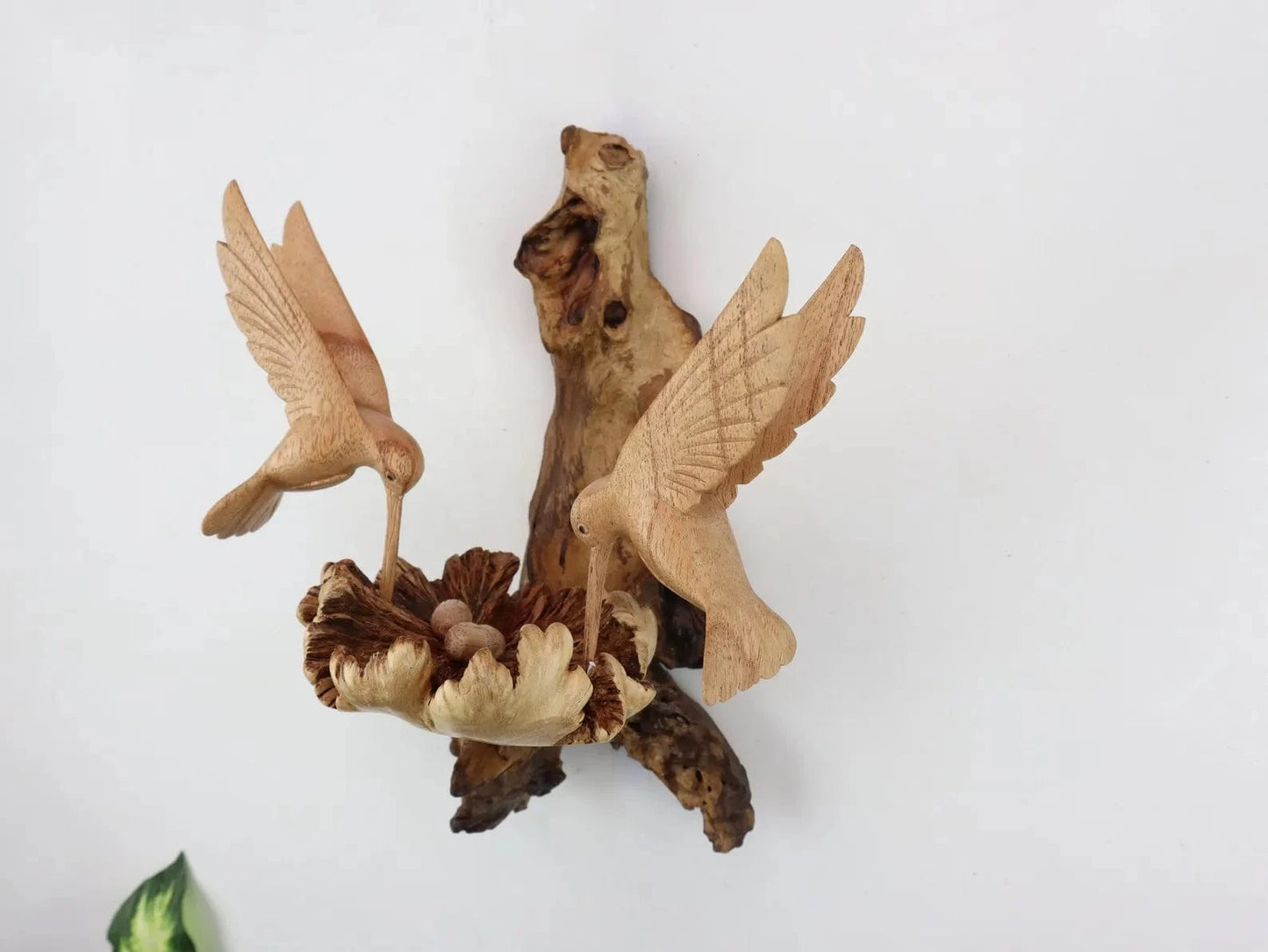Hand-Carved Wooden Hummingbird Pair Wall Art - Natural Nest & Flower Display
