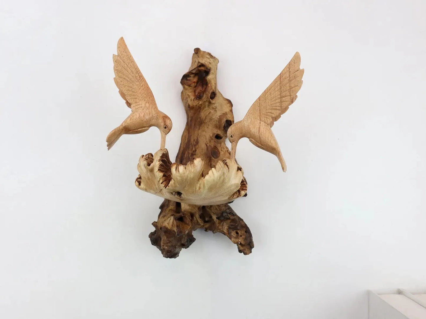 Hand-Carved Wooden Hummingbird Pair Wall Art - Natural Nest & Flower Display
