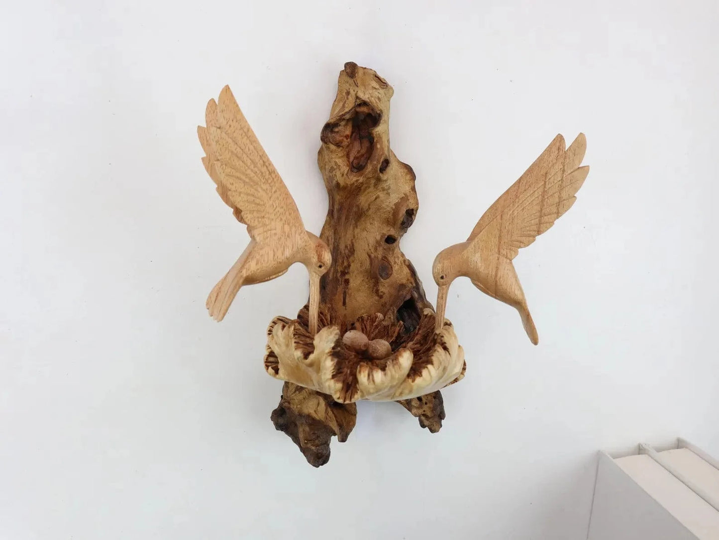 Hand-Carved Wooden Hummingbird Pair Wall Art - Natural Nest & Flower Display
