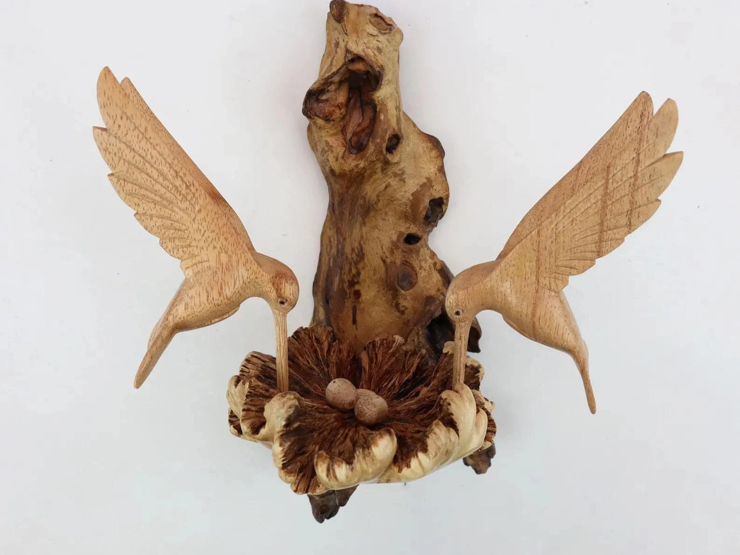 Hand-Carved Wooden Hummingbird Pair Wall Art - Natural Nest & Flower Display