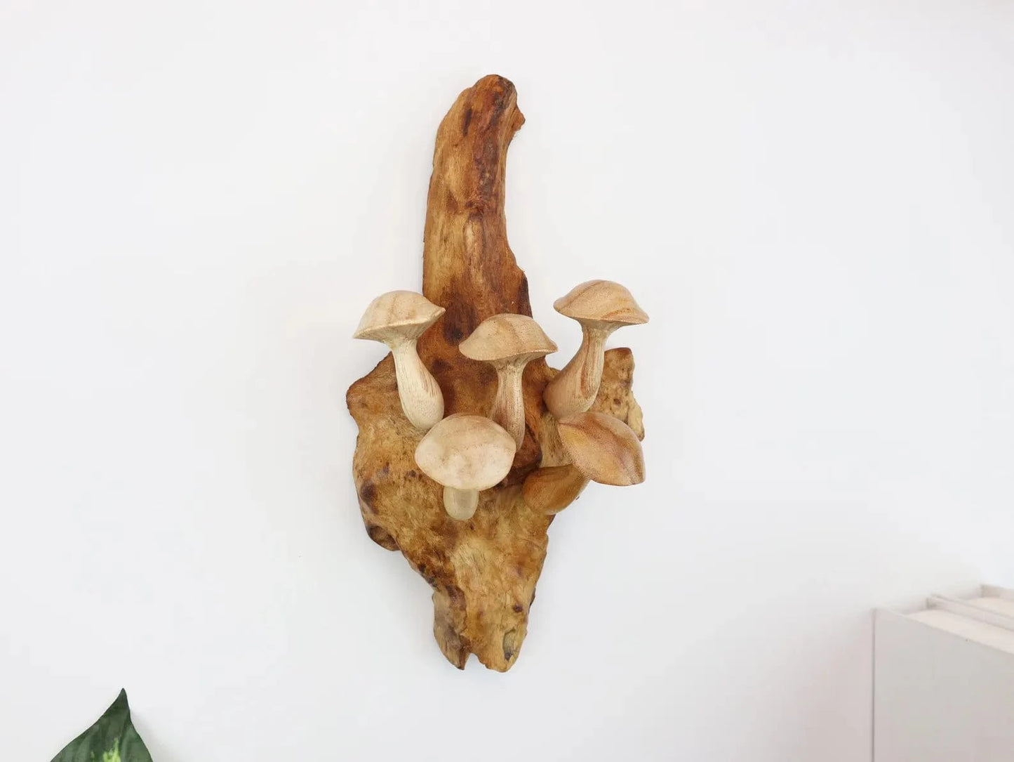 Hand-Carved Wooden Mushroom Wall Hanging – Rustic Driftwood Decor from Bali