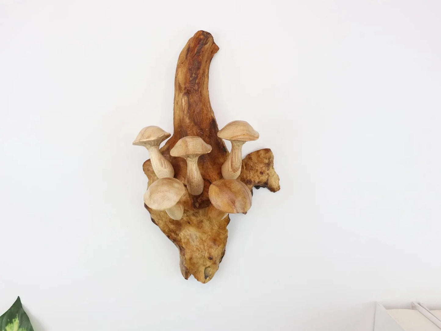 Hand-Carved Wooden Mushroom Wall Hanging – Rustic Driftwood Decor from Bali