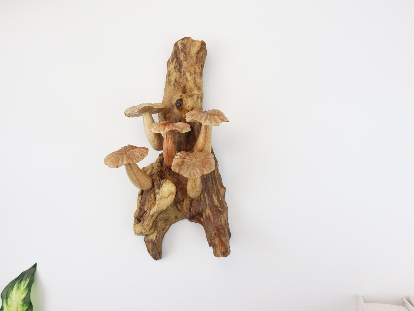 Hand-Carved Natural Wood Mushroom Wall Art - Vertical Forest Accent