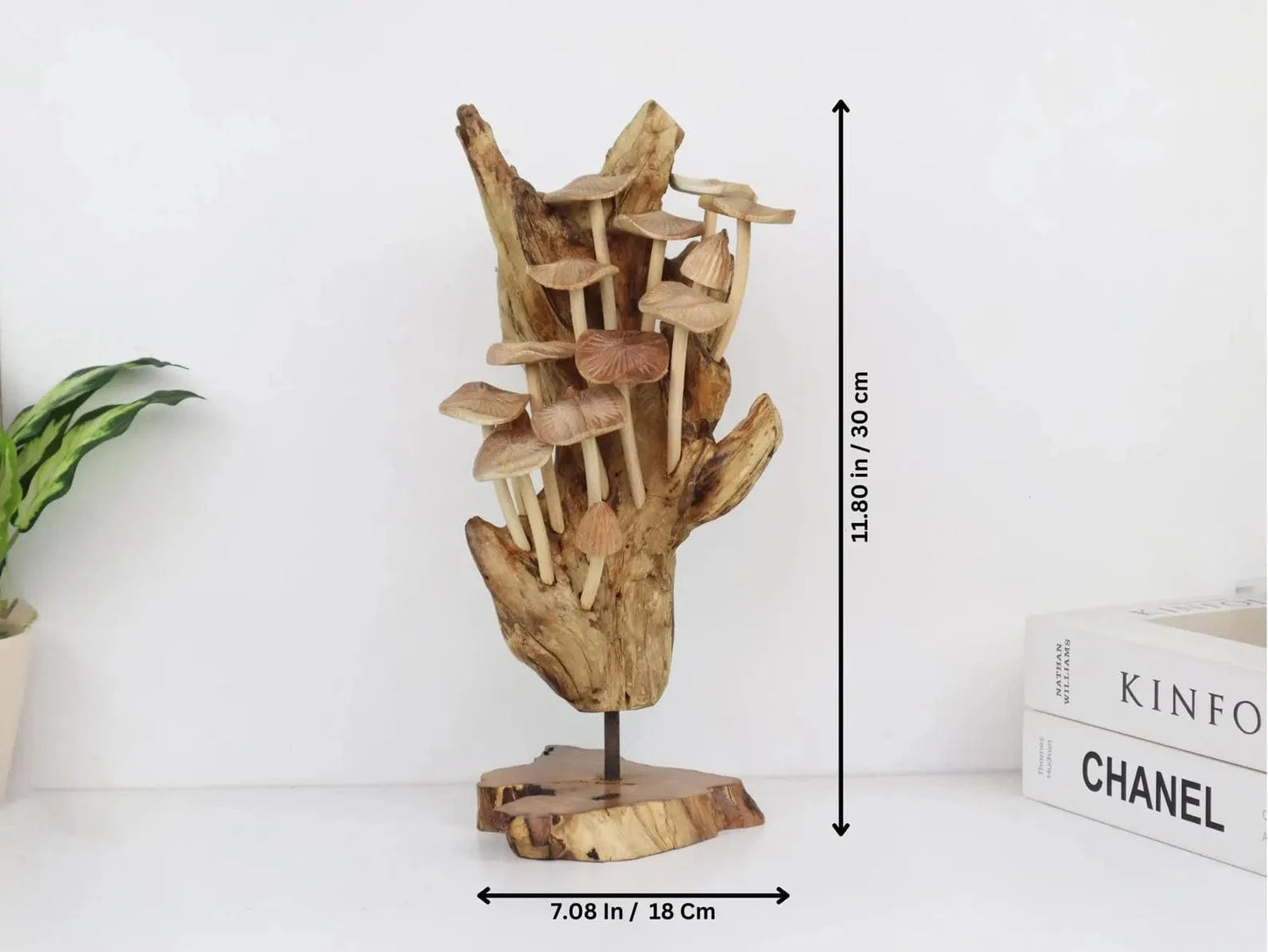 Hand-Carved Mushroom Sculpture on Driftwood Base – Tall Wooden Wall Art from Bali