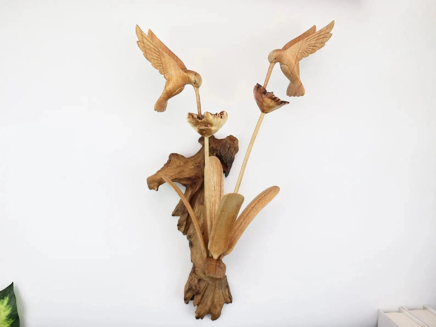 Hand-Carved Wooden Hummingbird Pair Wall Art - Natural Flower & Bird Display