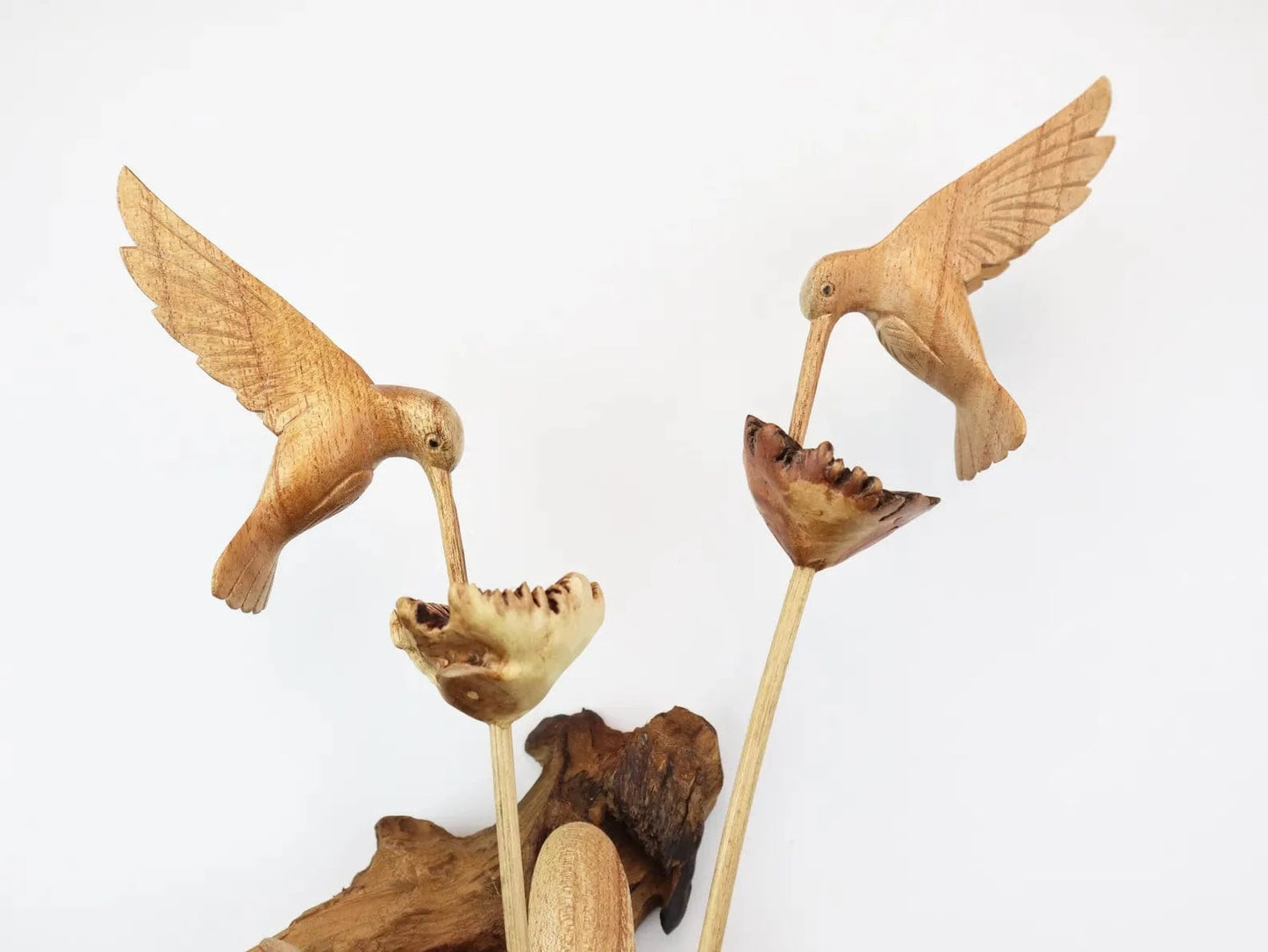 Hand-Carved Wooden Hummingbird Pair Wall Art - Natural Flower & Bird Display