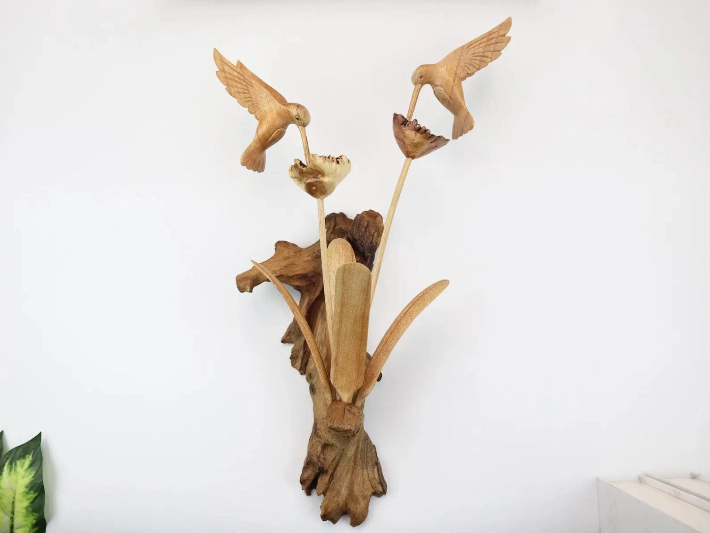 Hand-Carved Wooden Hummingbird Pair Wall Art - Natural Flower & Bird Display