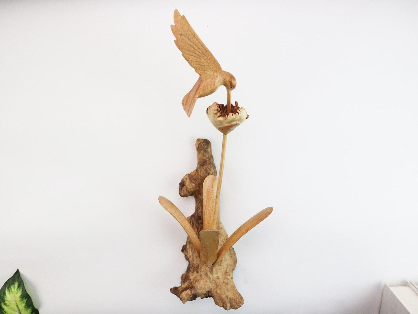 Hand-Carved Wooden Hummingbird & Flower Sculpture - Natural Wall Art Display