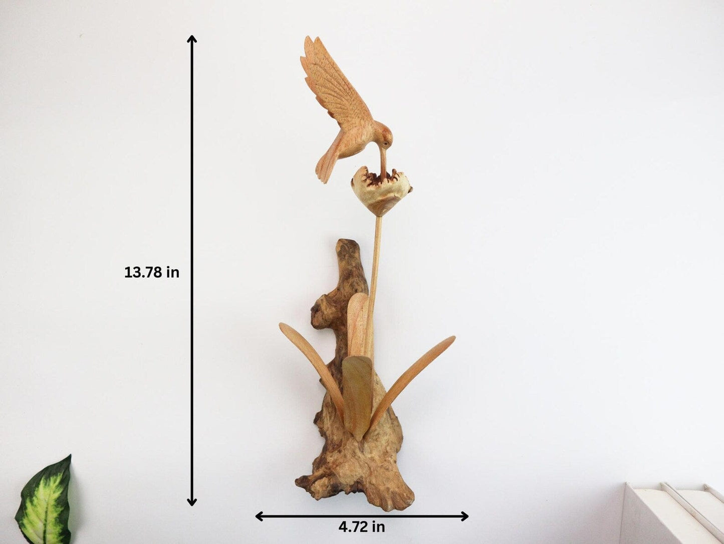 Hand-Carved Wooden Hummingbird & Flower Sculpture - Natural Wall Art Display