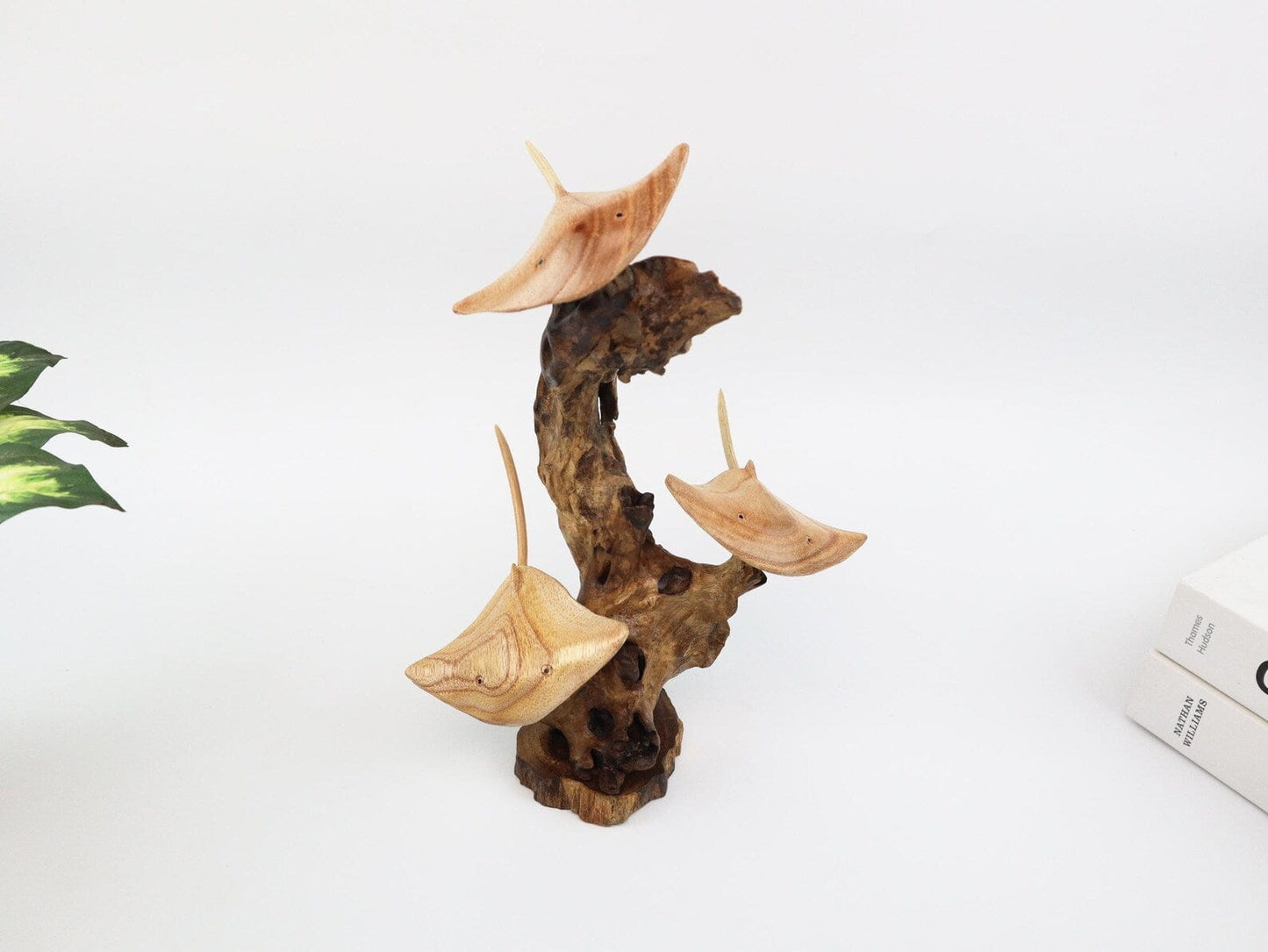 Hand-Carved Wooden Stingray Trio Sculpture on Natural Wood Base - Coastal Home Decor