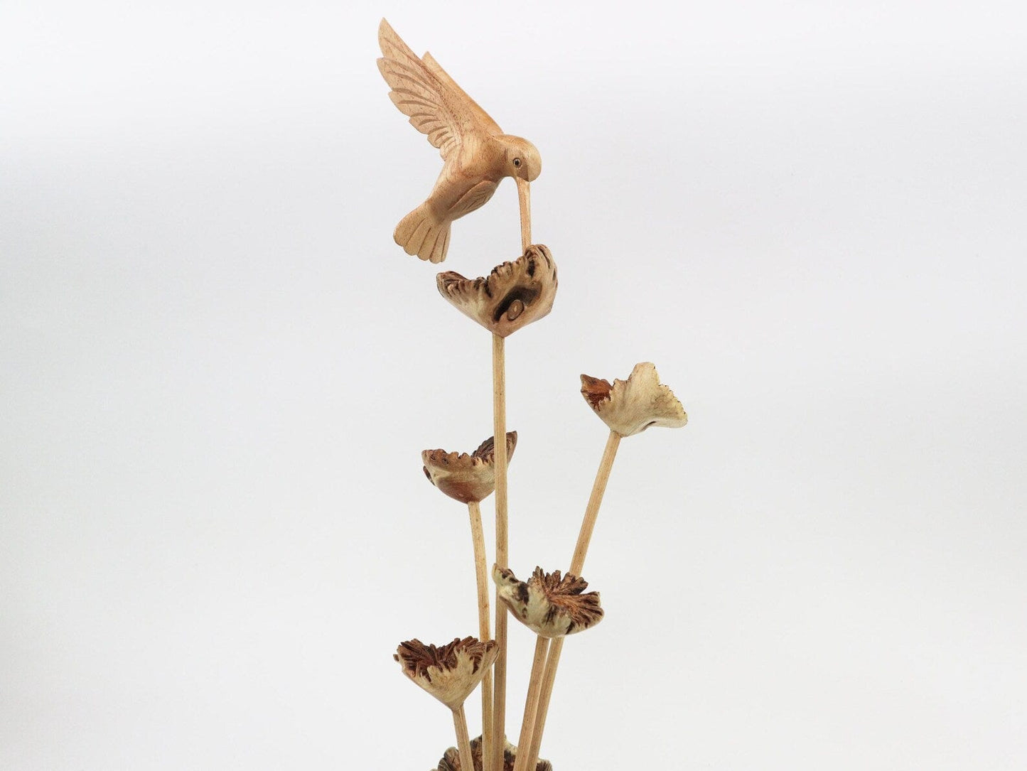 Hand-Carved Wooden Hummingbird & Flower Sculpture - Natural Freestanding Decor