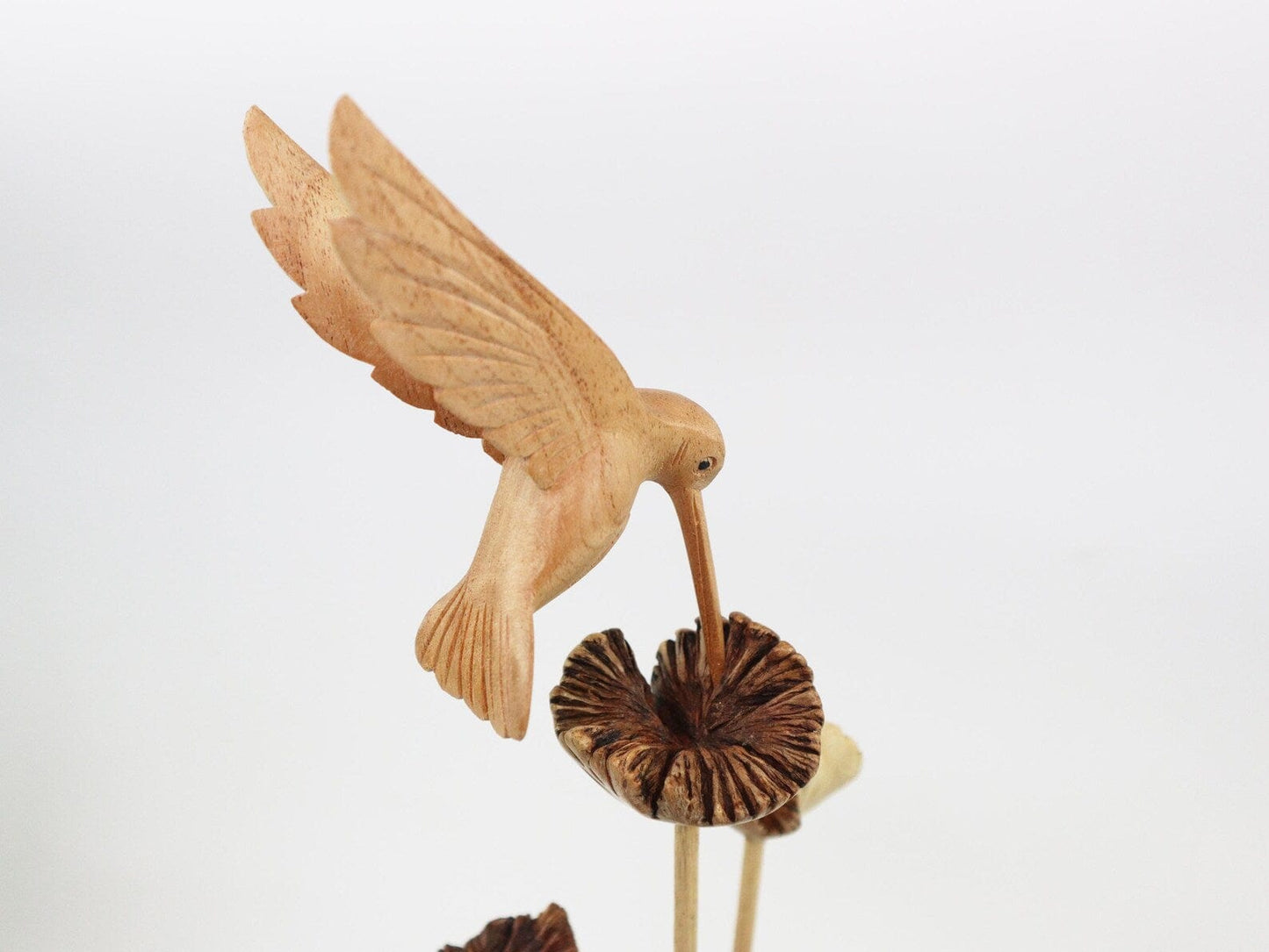 Hand-Carved Wooden Hummingbird & Flower Sculpture - Natural Freestanding Decor