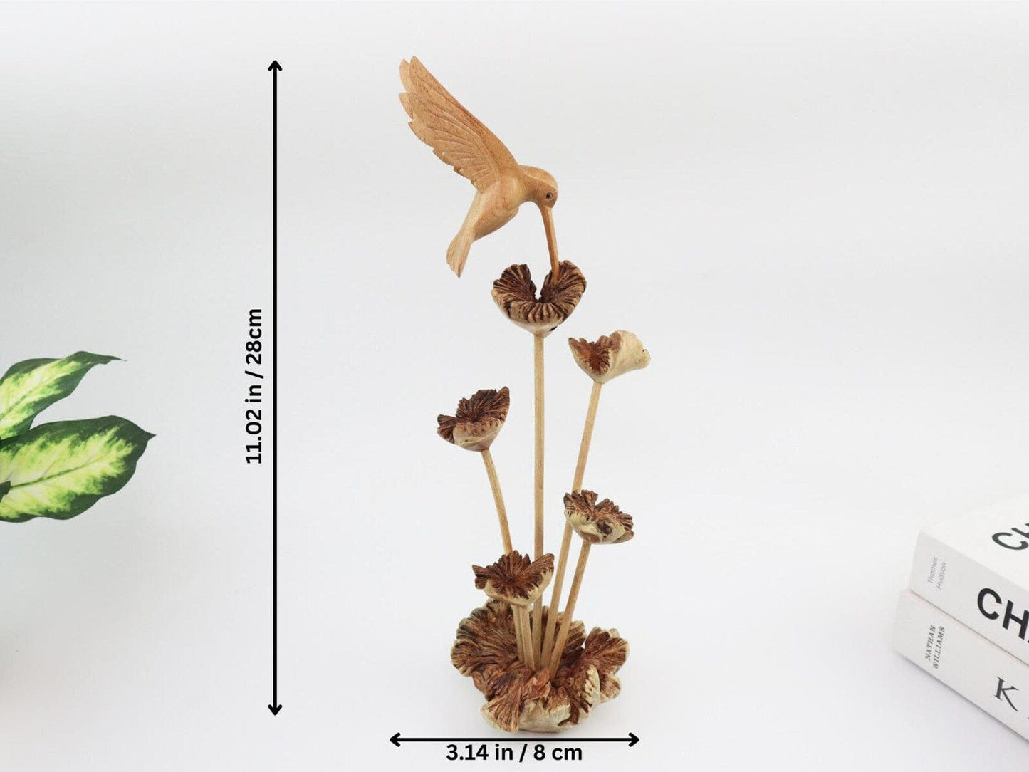 Hand-Carved Wooden Hummingbird & Flower Sculpture - Natural Freestanding Decor