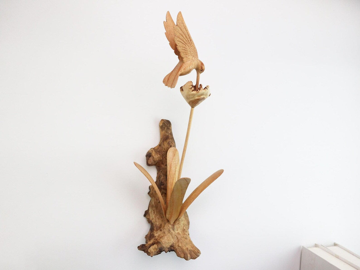 Hand-Carved Wooden Hummingbird & Flower Sculpture - Natural Wall Art Display