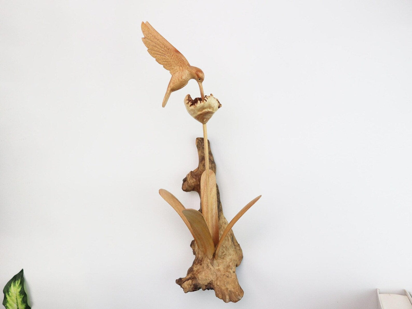 Hand-Carved Wooden Hummingbird & Flower Sculpture - Natural Wall Art Display