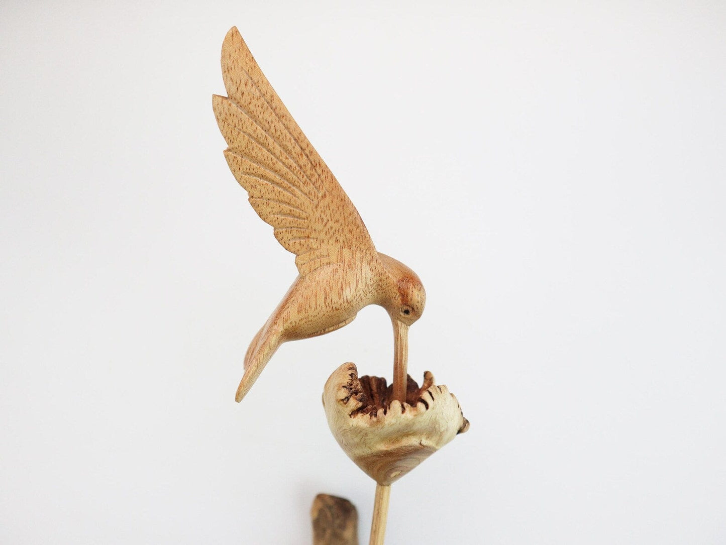 Hand-Carved Wooden Hummingbird & Flower Sculpture - Natural Wall Art Display