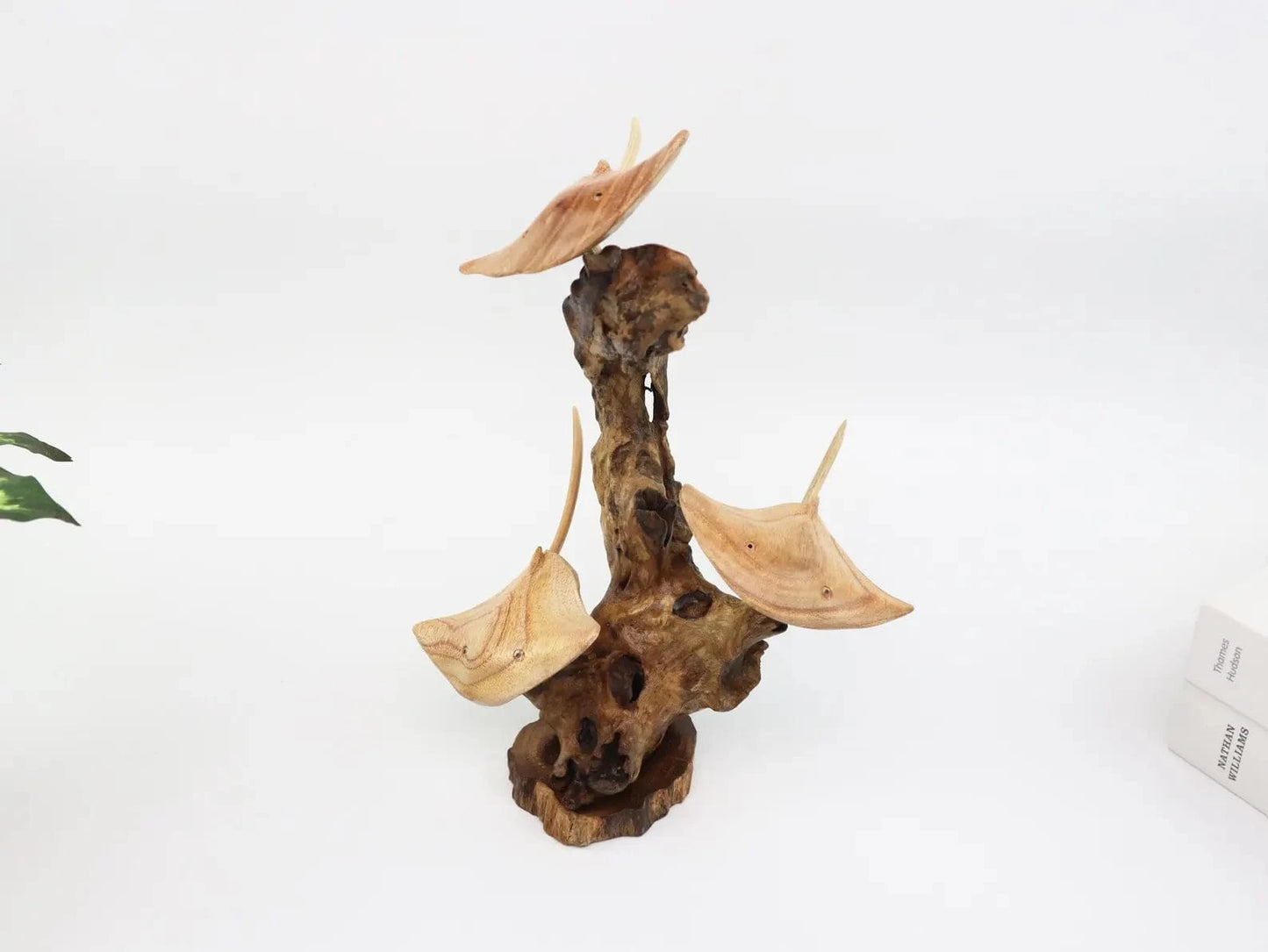 Hand-Carved Wooden Stingray Trio Sculpture on Natural Wood Base - Coastal Home Decor