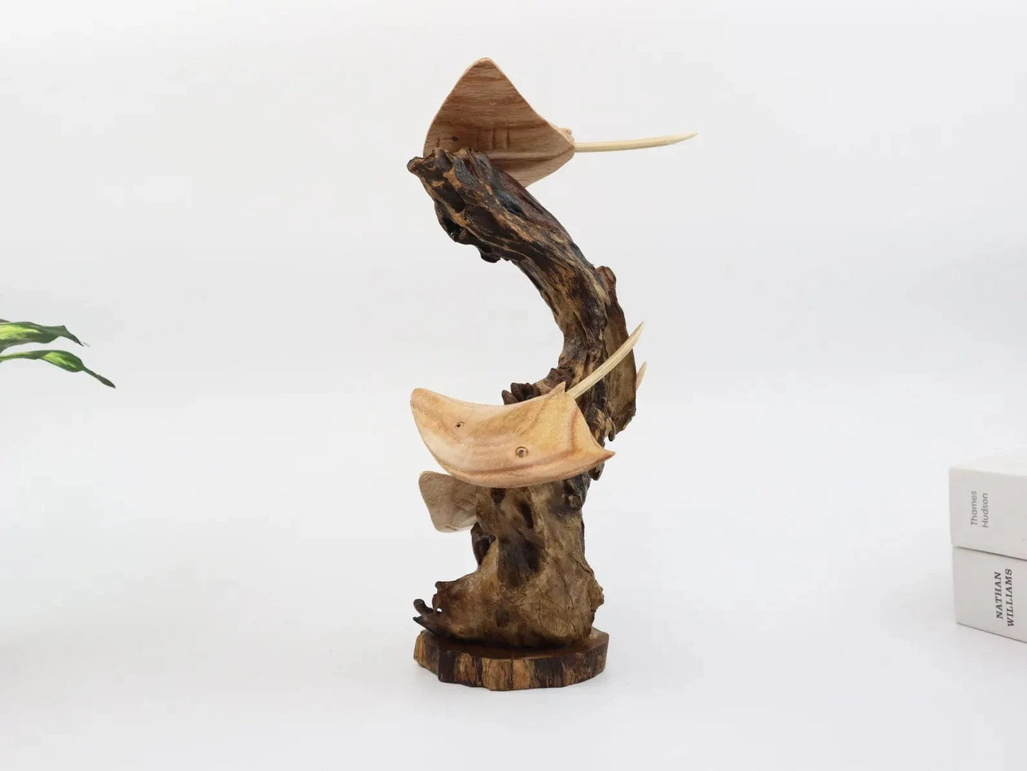 Hand-Carved Wooden Stingray Trio Sculpture on Natural Wood Base - Coastal Home Decor