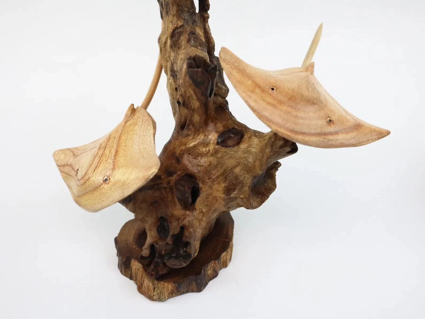 Hand-Carved Wooden Stingray Trio Sculpture on Natural Wood Base - Coastal Home Decor