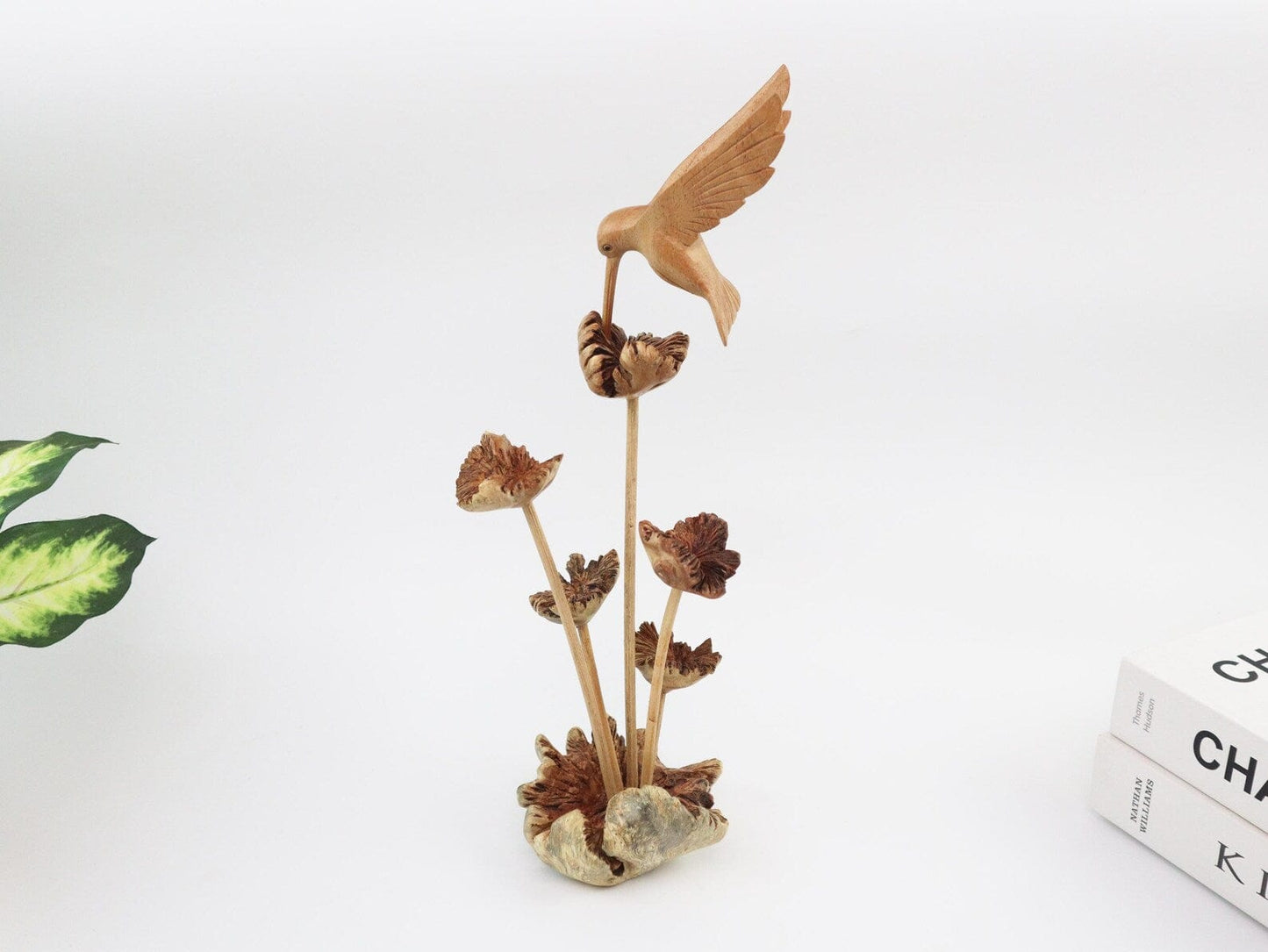 Hand-Carved Wooden Hummingbird & Flower Sculpture - Natural Freestanding Decor