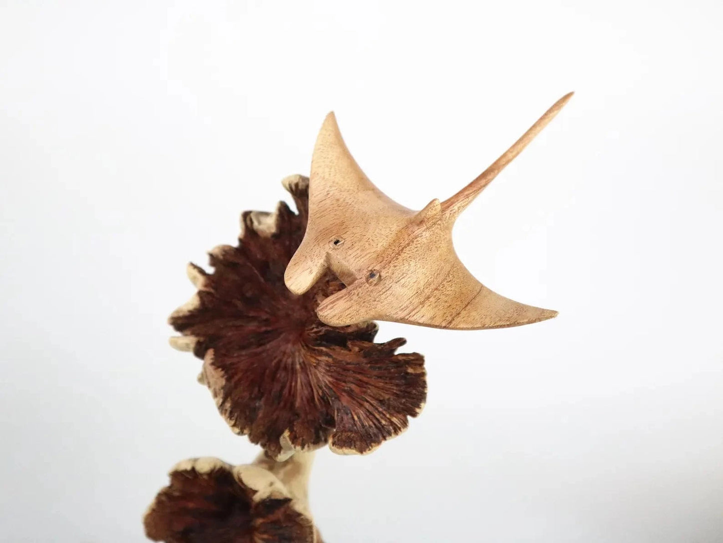 Hand-Carved Wooden Manta Ray Sculpture on Natural Wood Base - Coastal Home Decor