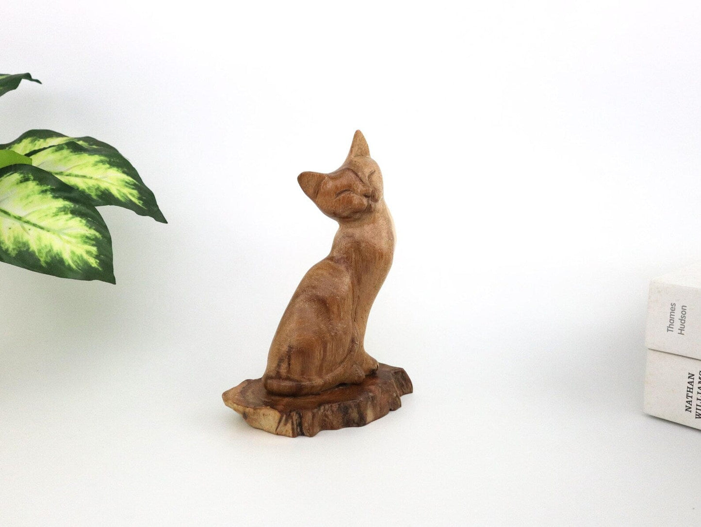 Hand-Carved Natural Wood Cat Figurine - Minimalist Pet Lover Decor