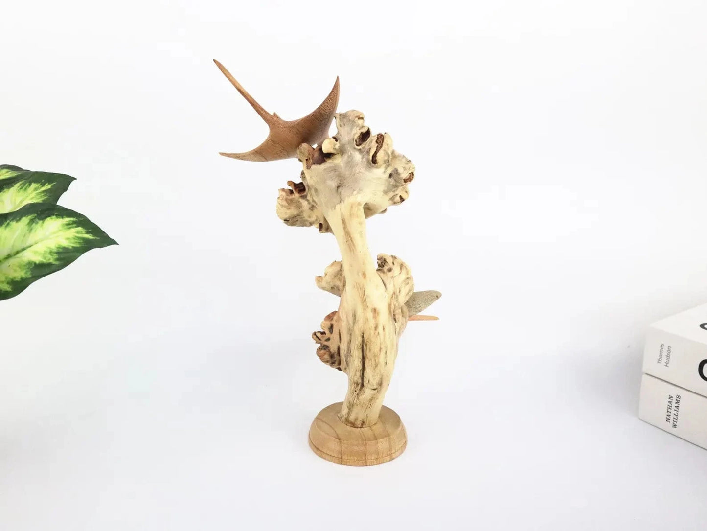 Hand-Carved Wooden Manta Ray Sculpture on Natural Wood Base - Coastal Home Decor