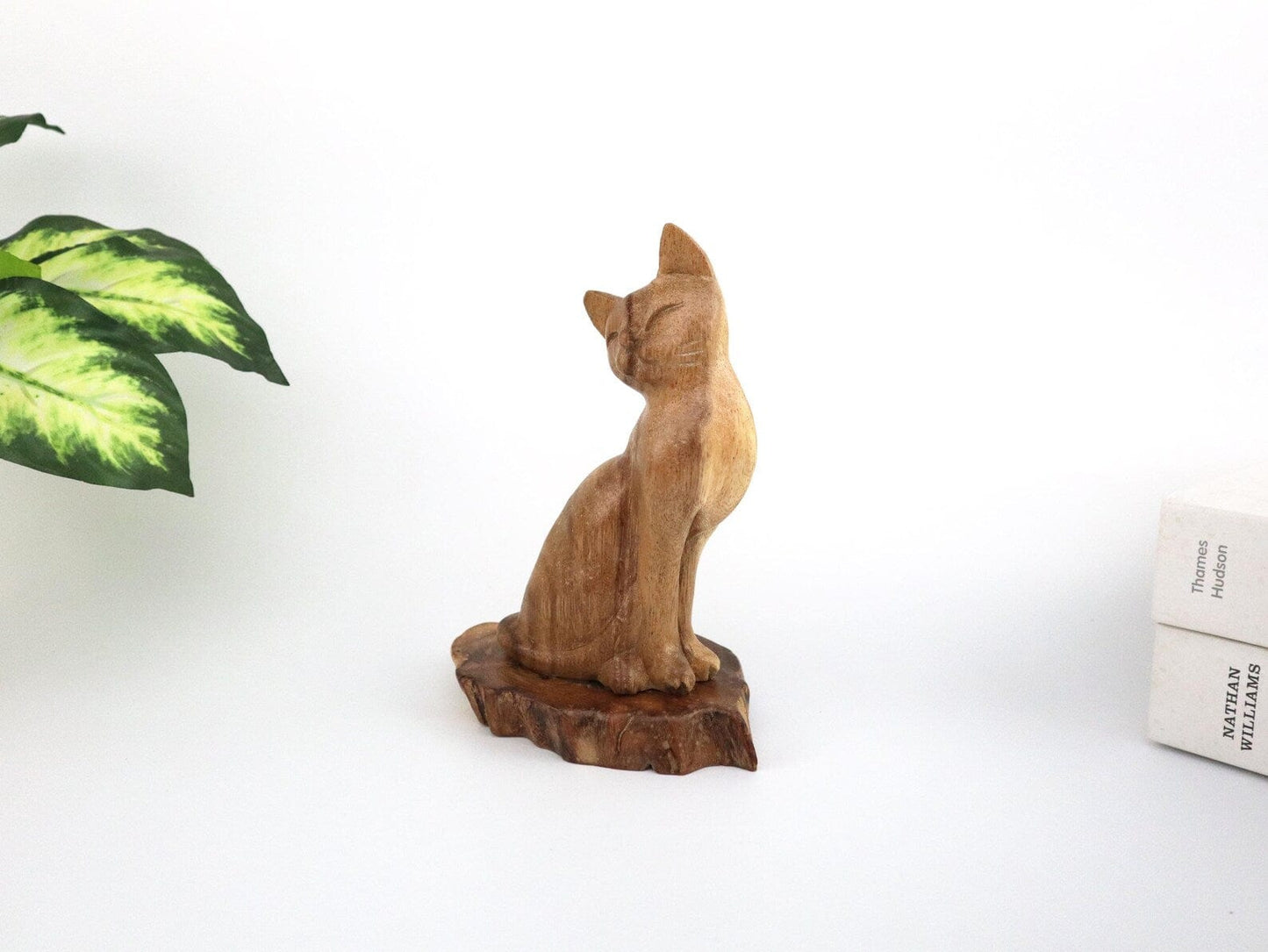 Hand-Carved Natural Wood Cat Figurine - Minimalist Pet Lover Decor