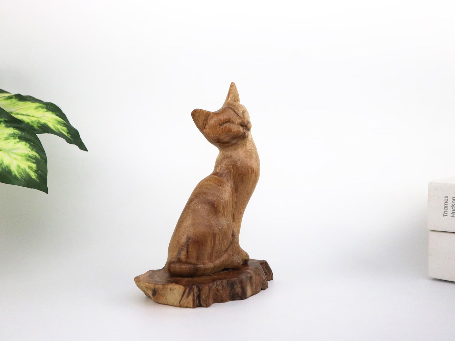 Hand-Carved Natural Wood Cat Figurine - Minimalist Pet Lover Decor