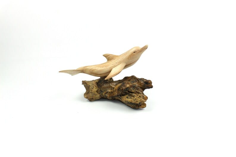 Hand-Carved Natural Wood Dolphin Sculpture on Driftwood - Coastal Home Decor