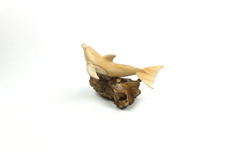 Hand-Carved Natural Wood Dolphin Sculpture on Driftwood - Coastal Home Decor
