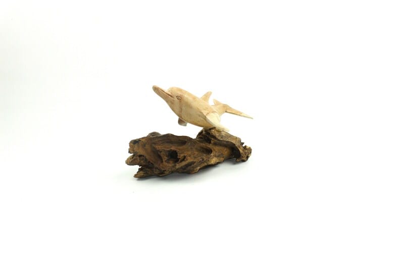 Hand-Carved Natural Wood Dolphin Sculpture on Driftwood - Coastal Home Decor